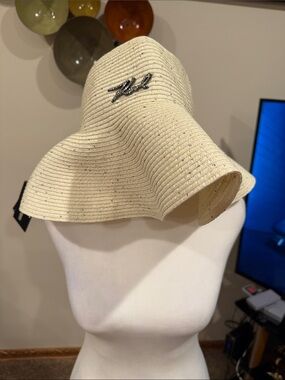 Karl Lagerfeld Ivory Straw Sun Hat with Script Logo Karl